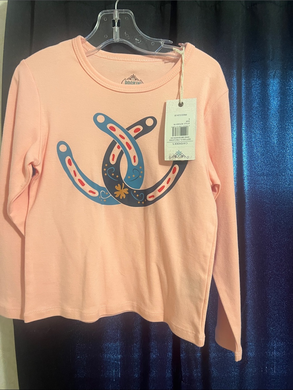 Girls' Light Pink Long-Sleeve Tee with Blue Horseshoe Graphic - Unbranded